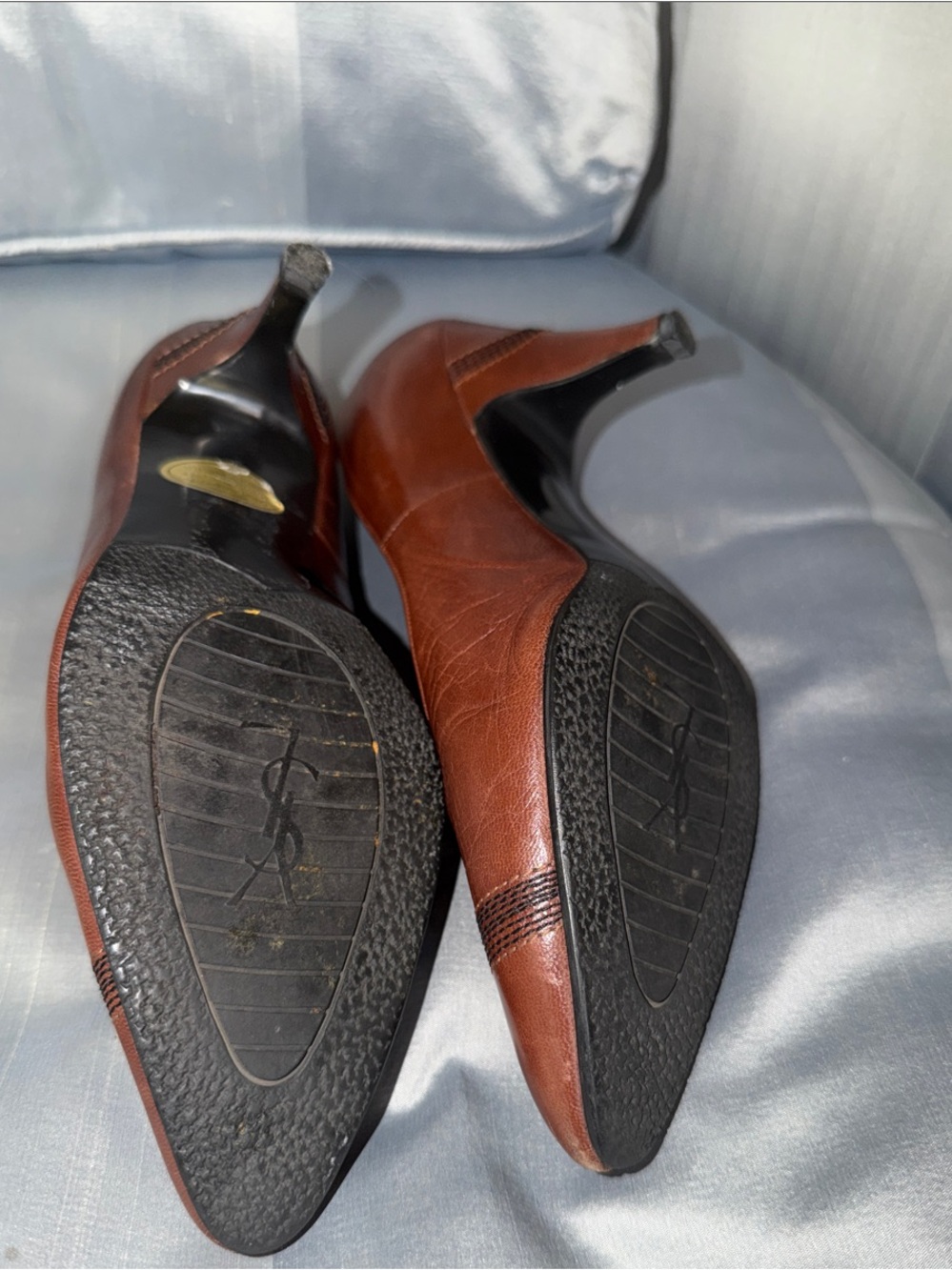 Yves Saint Laurent Brown Pointed Toe Leather Pumps with Textured Trim - Picture 4 of 7